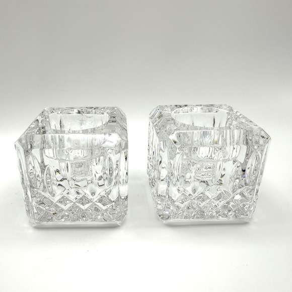 Waterford Crystal Square Lismore Pattern Candle Tea Light Holders Pair  READ - Picture 1 of 14